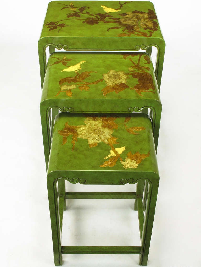 Glazed Three Embossed & Parcel Gilt Rich Jade Green Nesting Tables