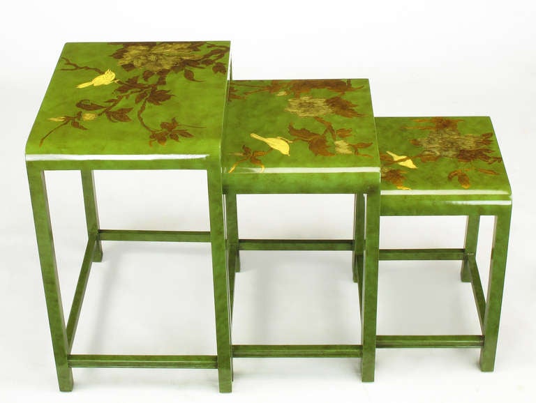 American Three Embossed & Parcel Gilt Rich Jade Green Nesting Tables