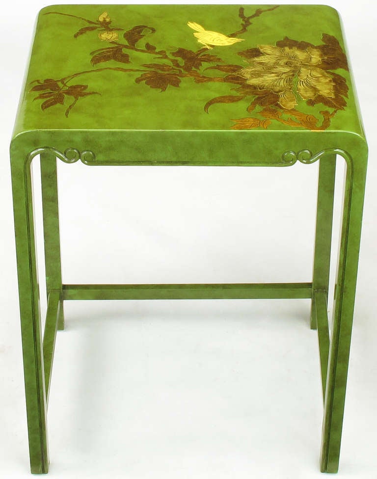 Three Embossed & Parcel Gilt Rich Jade Green Nesting Tables In Good Condition In Chicago, IL