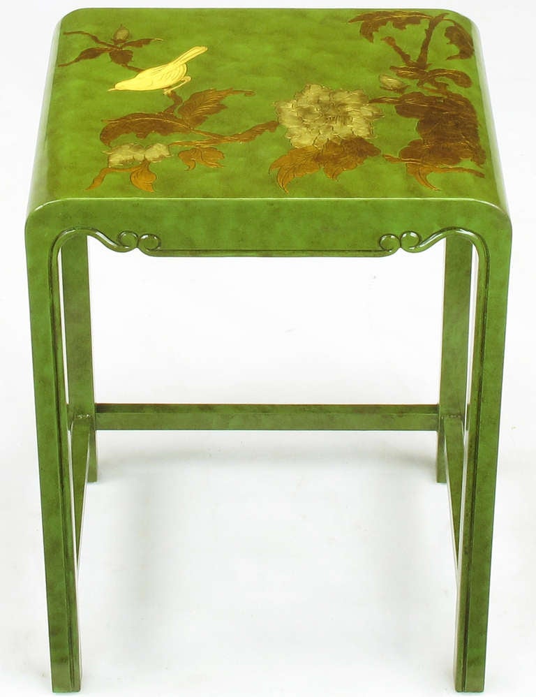 Mid-20th Century Three Embossed & Parcel Gilt Rich Jade Green Nesting Tables