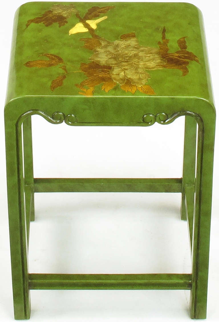 Wood Three Embossed & Parcel Gilt Rich Jade Green Nesting Tables