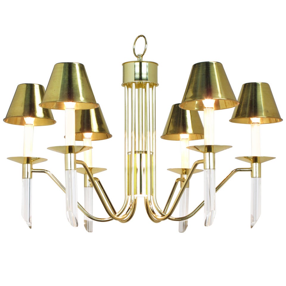 Seven Light Brass & Lucite Chandelier With Brass Shades For Sale