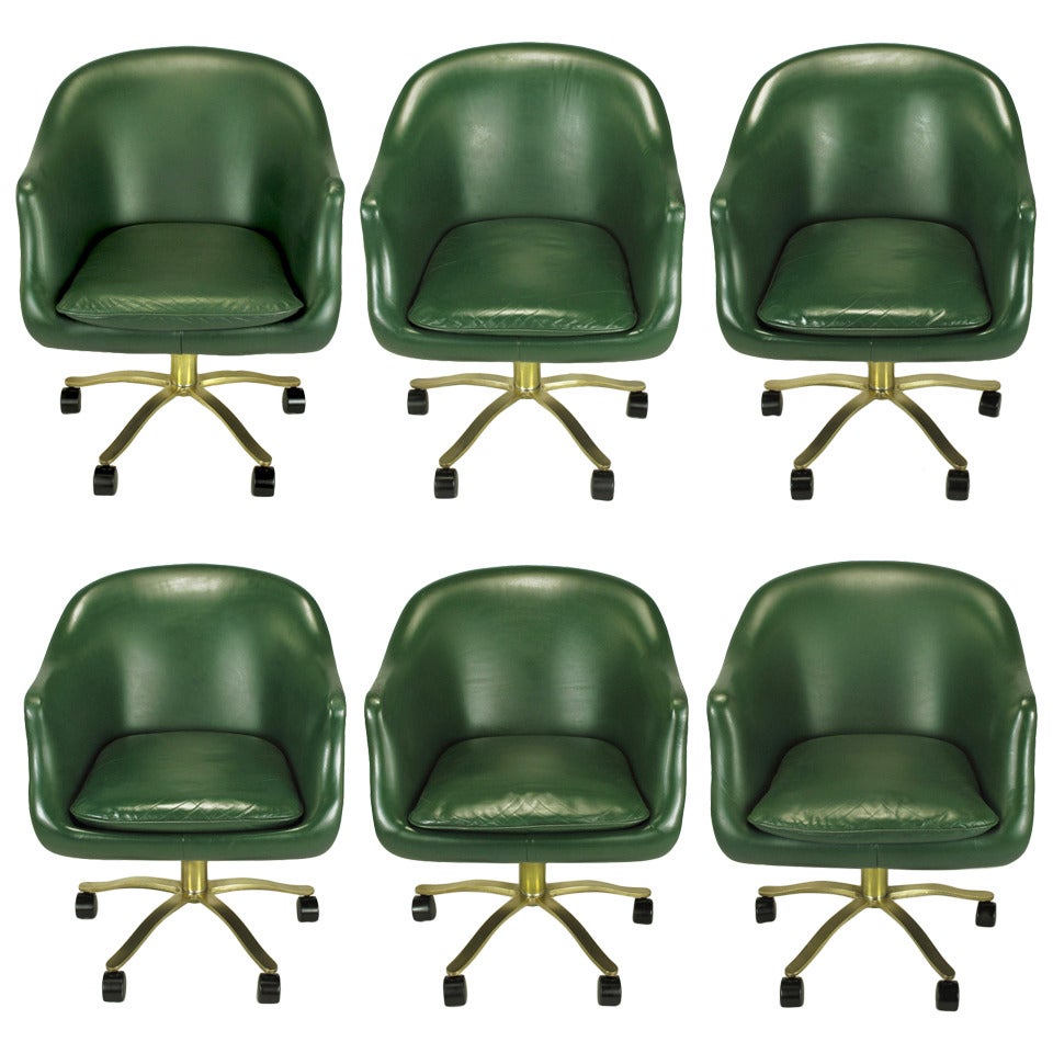 Six Nicos Zographos CH2 Bucket Chairs In Bronze & British Racing Green Leather