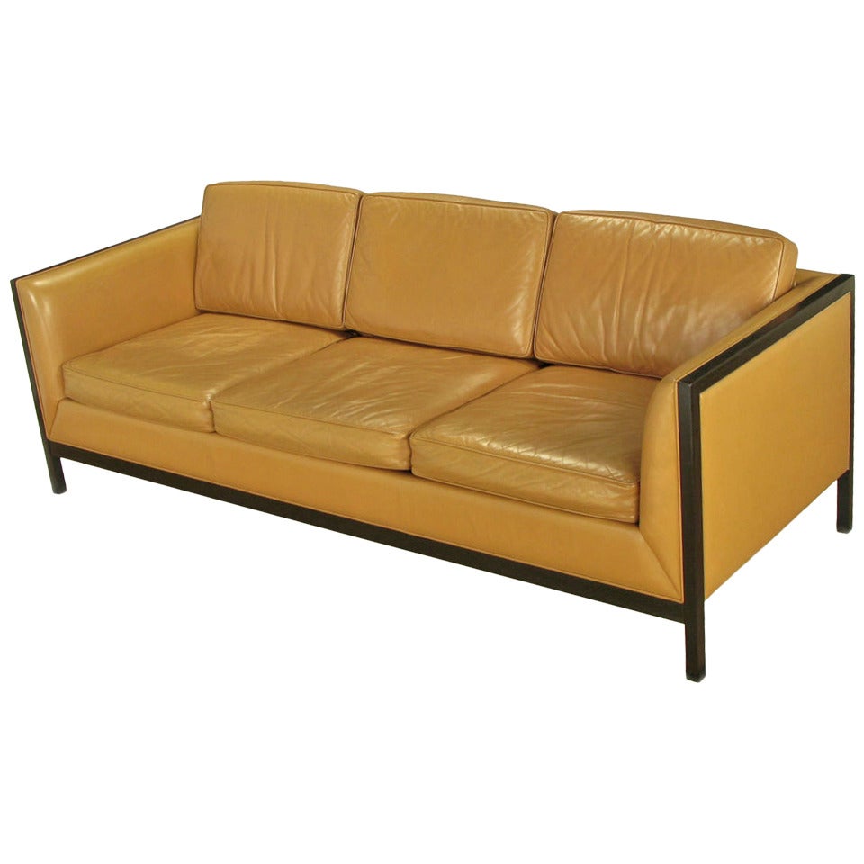 Stow Davis Leather, Ebonized Wood & Aluminum Even-Arm Sofa.