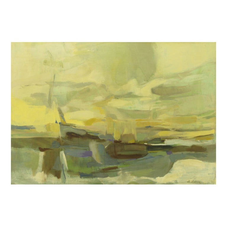 1964 Pittura ad olio astratta di paesaggio marino di B. Levin