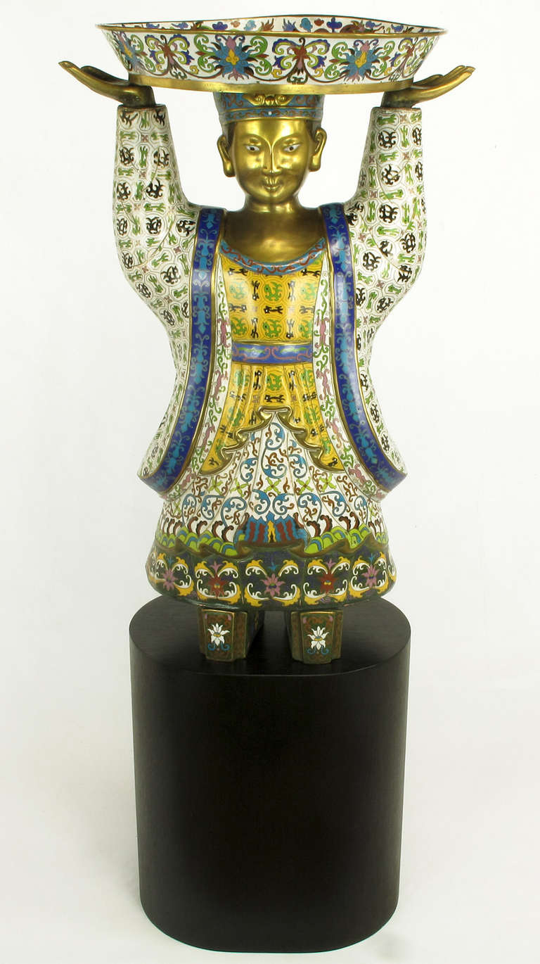 Chinese Pair of Rare and Palatial, Cloisonne Vessel-Bearing Figures For Sale