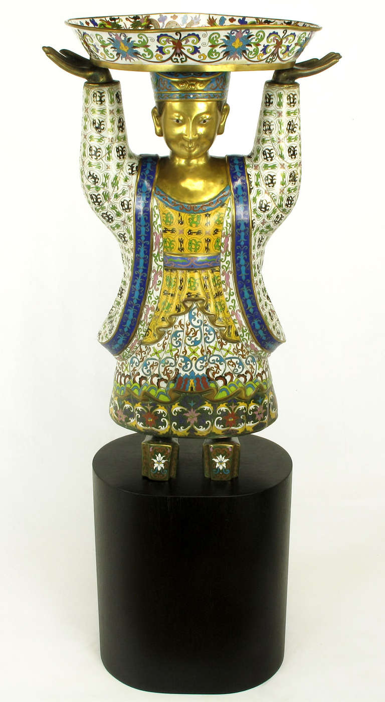 Pair of Rare and Palatial, Cloisonne Vessel-Bearing Figures In Good Condition For Sale In Chicago, IL