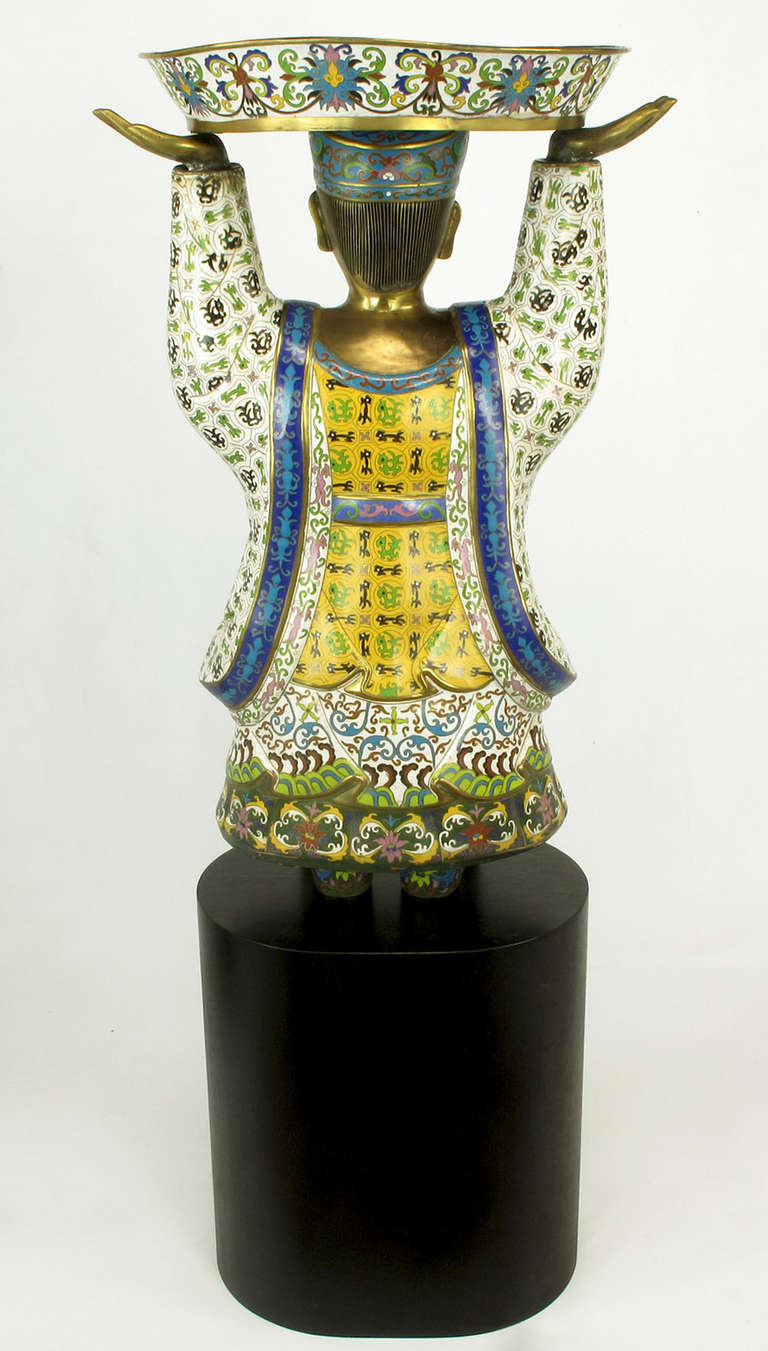 20th Century Pair of Rare and Palatial, Cloisonne Vessel-Bearing Figures For Sale