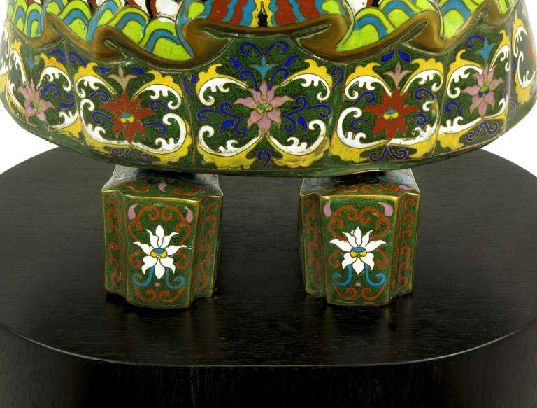 Pair of Rare and Palatial, Cloisonne Vessel-Bearing Figures For Sale 1