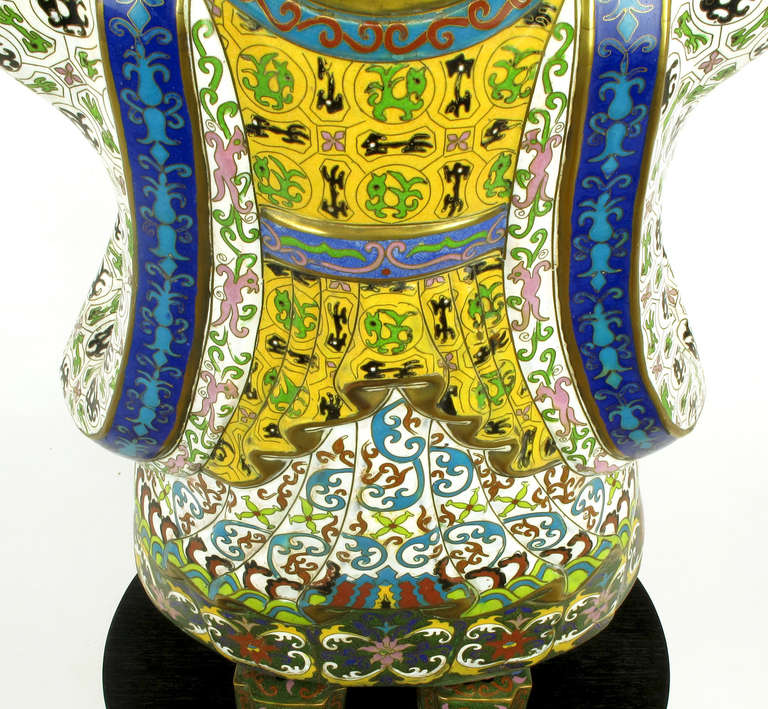 Pair of Rare and Palatial, Cloisonne Vessel-Bearing Figures For Sale 2