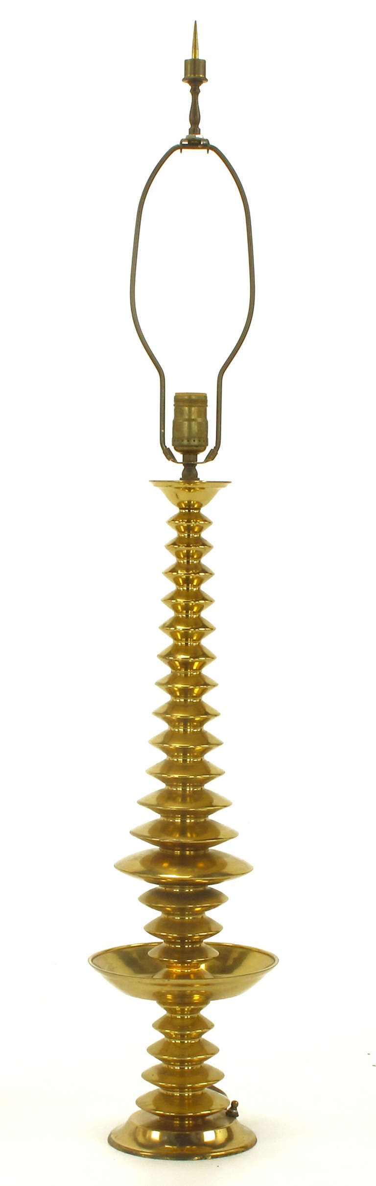 Pair of Brass Art Deco, Stacked Discs Table Lamps with Capiz Shell Shades In Good Condition In Chicago, IL