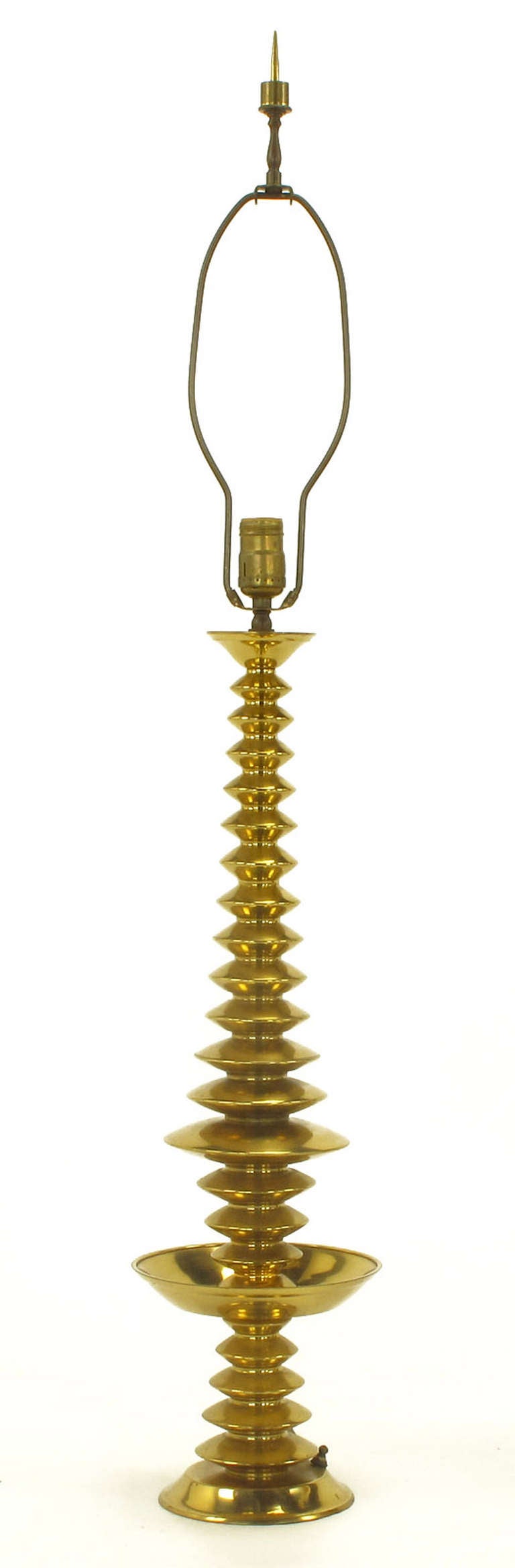 Mid-20th Century Pair of Brass Art Deco, Stacked Discs Table Lamps with Capiz Shell Shades
