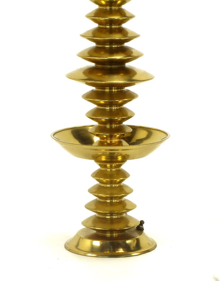 Pair of Brass Art Deco, Stacked Discs Table Lamps with Capiz Shell Shades 3