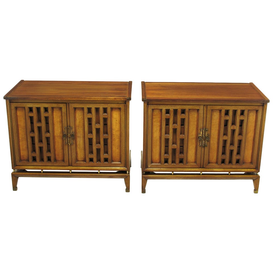 Pair of Walnut Floating Commodes with Open Fretwork Doors