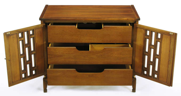 Mid-20th Century Pair of Walnut Floating Commodes with Open Fretwork Doors
