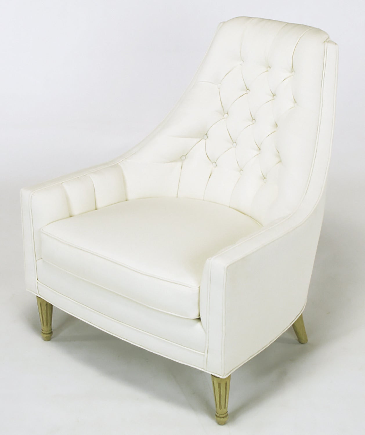 American Pair of Elegant High Back Button Tufted White Linen Lounge Chairs