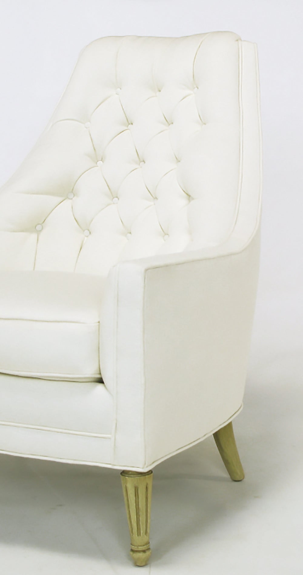 Pair of Elegant High Back Button Tufted White Linen Lounge Chairs 3