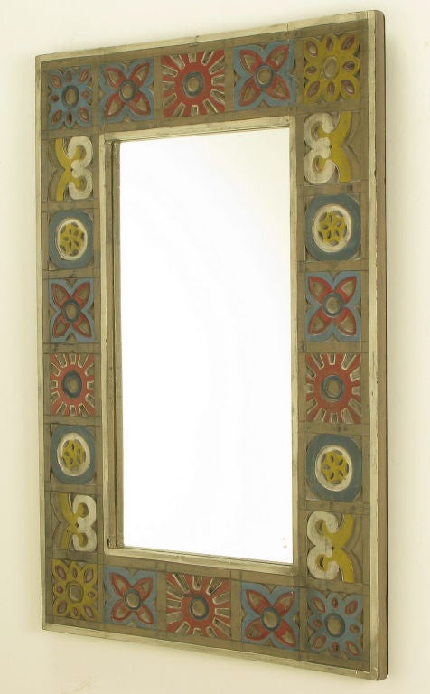Colorful Handcarved & Polychrome Wood Folk Art Mirror