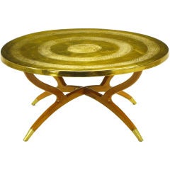 Round Brass Inverted Tray Table On Folding Mahogany Base