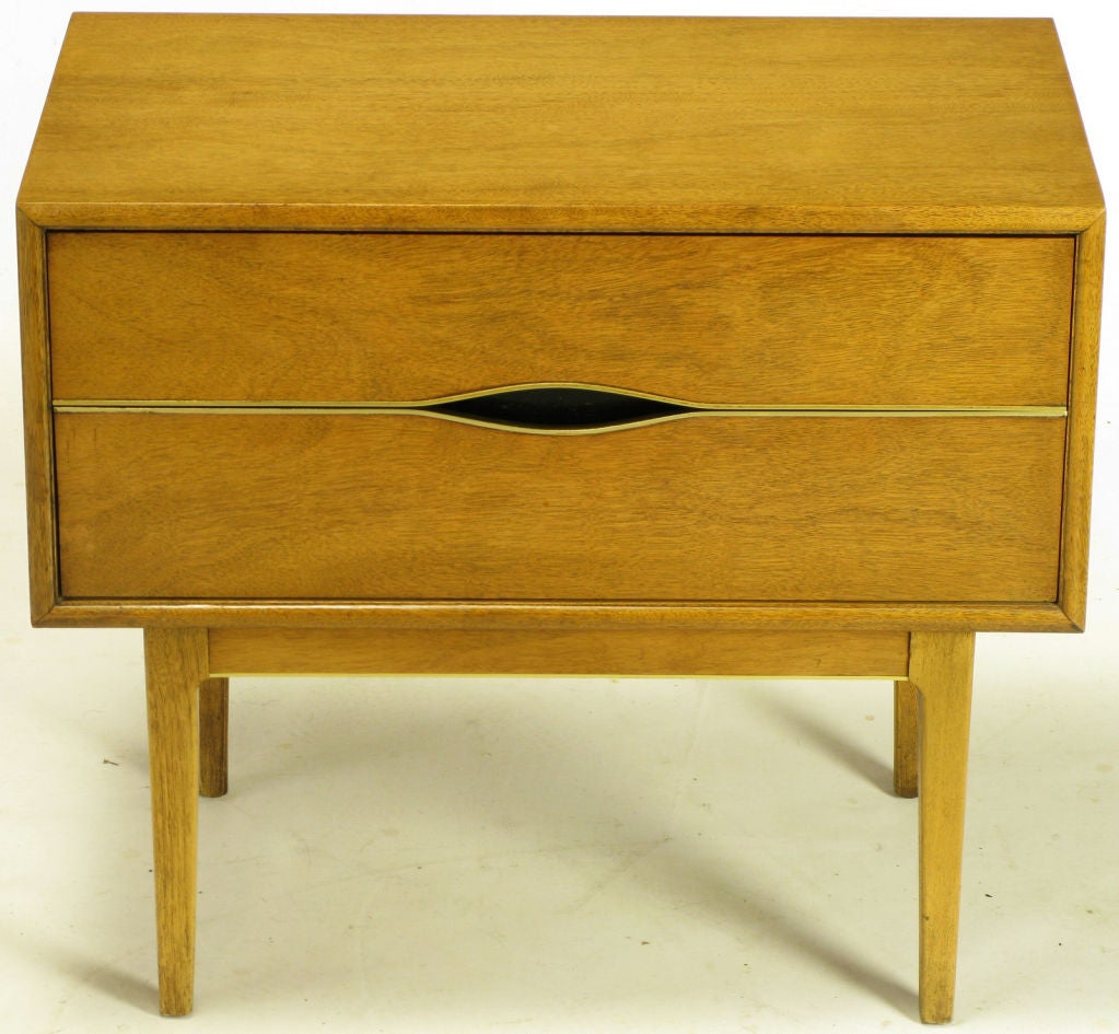 Bleached walnut and brass detailed two drawer night stands with single recessed 