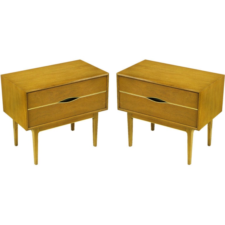 Pair Vignola Bleached Walnut & Brass Nightstands