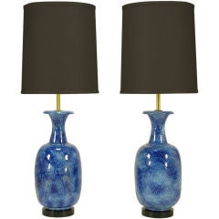 Pair 40" Italian Stippled Blue Pottery Table Lamps