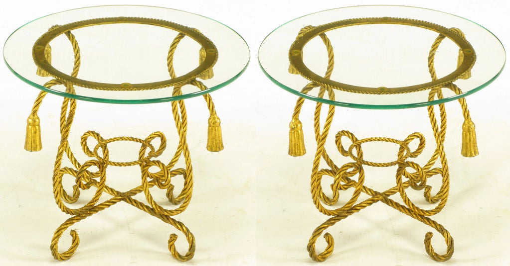Pair Italian Gilt Iron Rope Table With Tassel Ornamentation