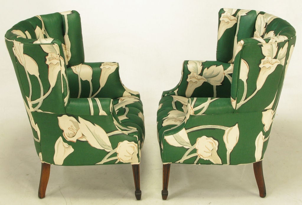 American Pair Curved & Channelback Floral Upholstered Wing Chairs.