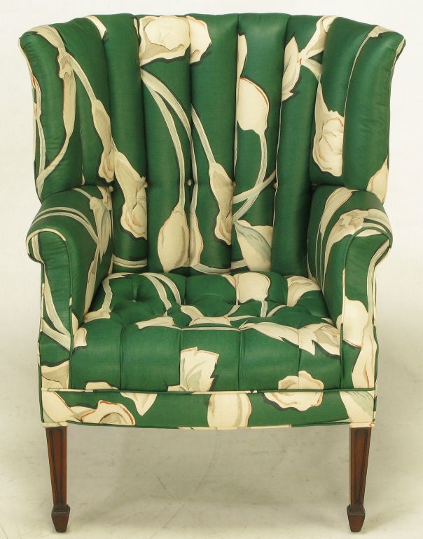 Mid-20th Century Pair Curved & Channelback Floral Upholstered Wing Chairs.