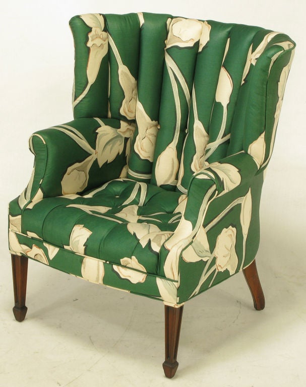 Pair Curved & Channelback Floral Upholstered Wing Chairs. 1