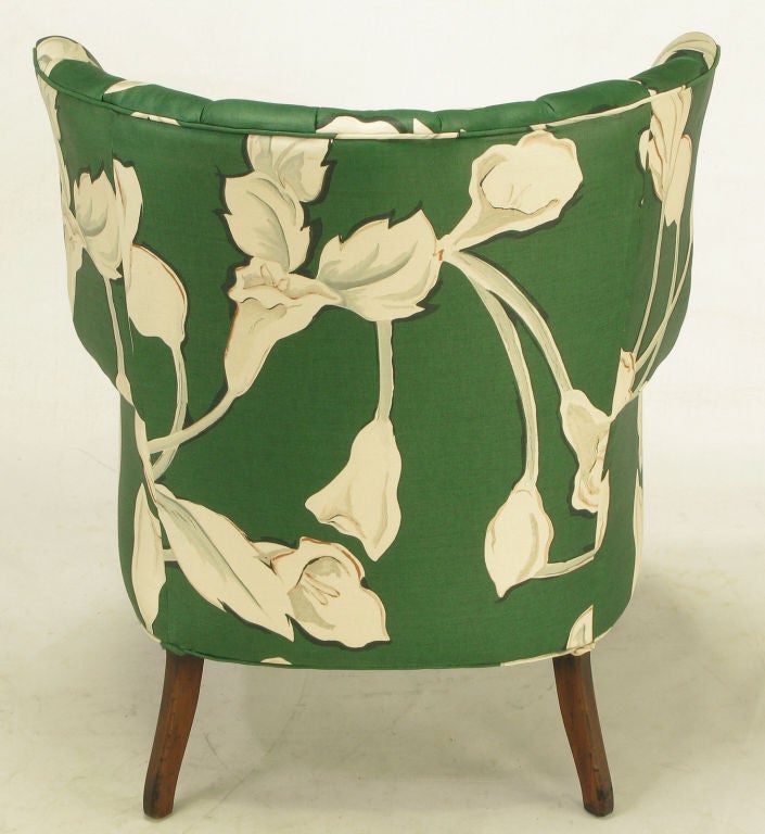 Pair Curved & Channelback Floral Upholstered Wing Chairs. 4