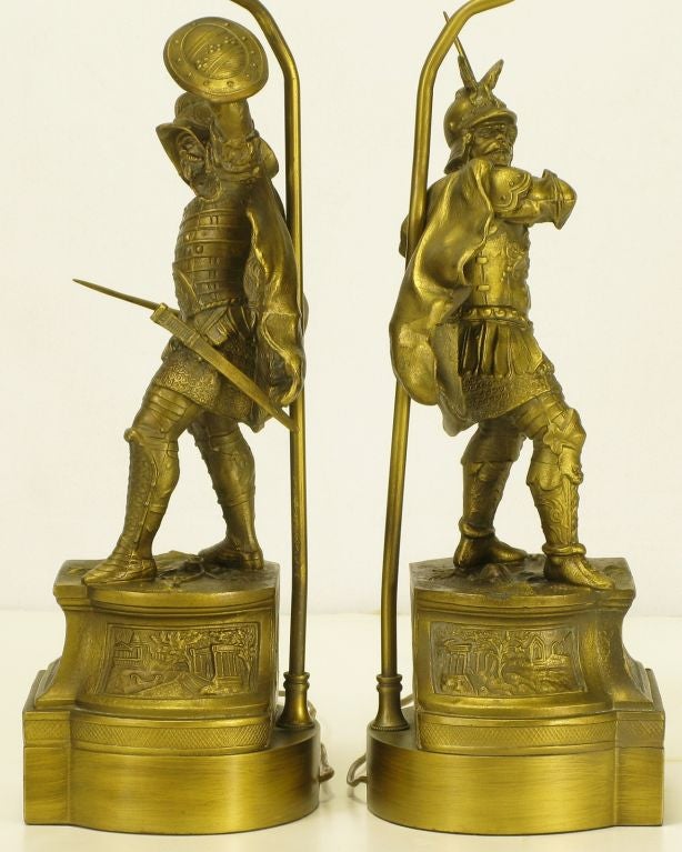 Mid-20th Century Pair Brass Conquistador Figure Table Lamps.