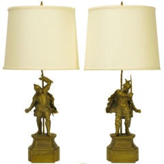 Vintage Pair Brass Conquistador Figure Table Lamps.