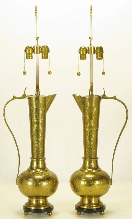 Pair Large Moroccan Etched Brass Ewer Table Lamps