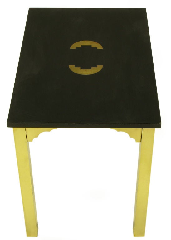 American Brass & Black Granite End Table With Geometric Inlay For Sale