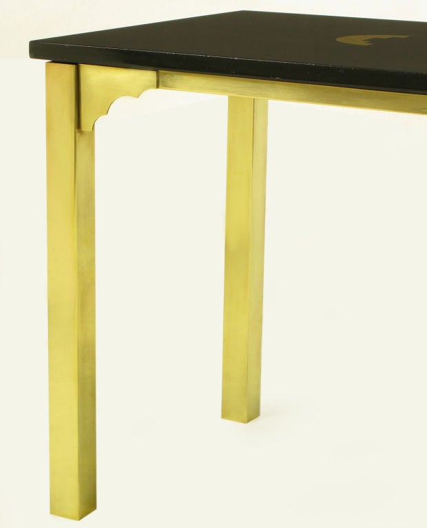 Brass & Black Granite End Table With Geometric Inlay In Good Condition For Sale In Chicago, IL