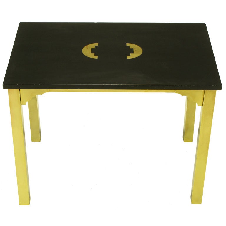 Brass & Black Granite End Table With Geometric Inlay