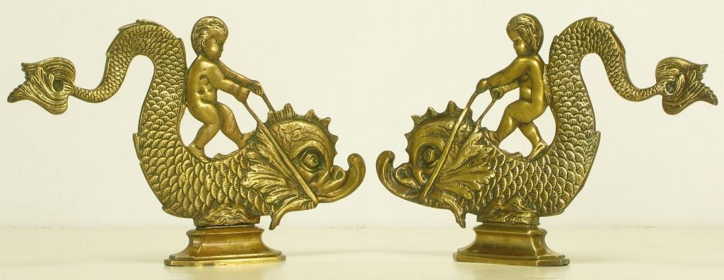 Mid-20th Century Pair Brass Figures Of Cherubs Riding Dolphins