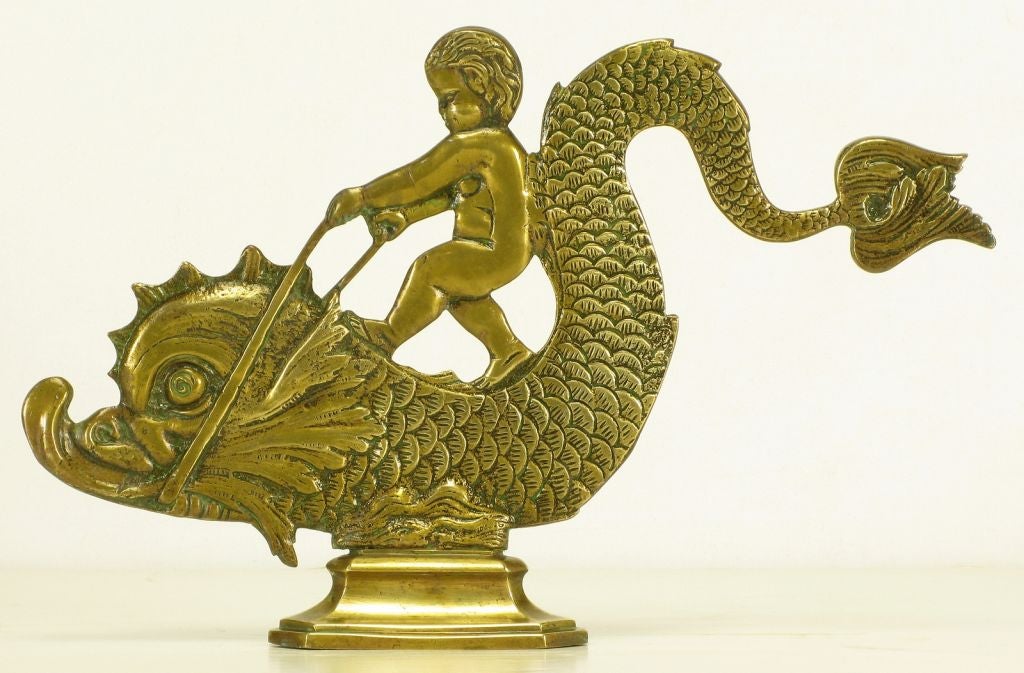 Pair Brass Figures Of Cherubs Riding Dolphins 2