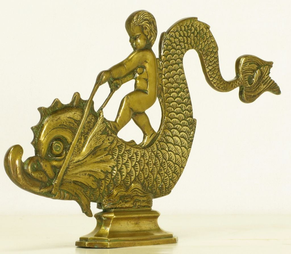 Pair Brass Figures Of Cherubs Riding Dolphins 3