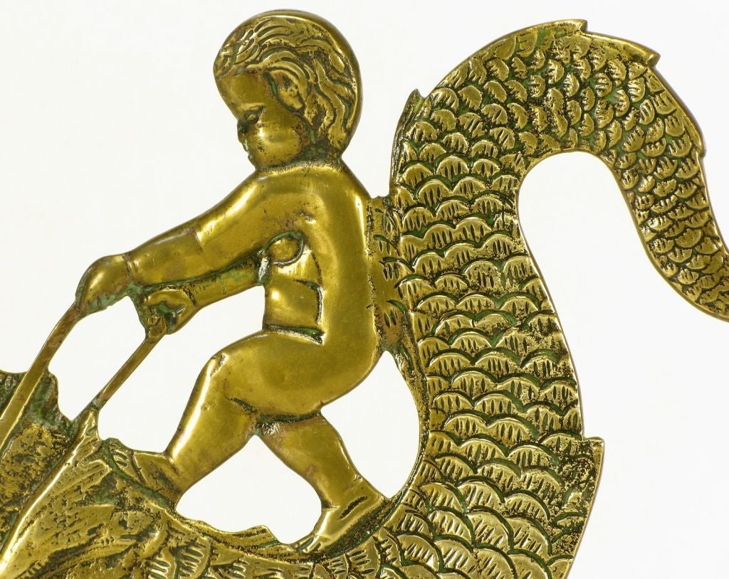 Pair Brass Figures Of Cherubs Riding Dolphins 5