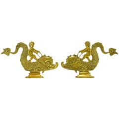 Pair Brass Figures Of Cherubs Riding Dolphins