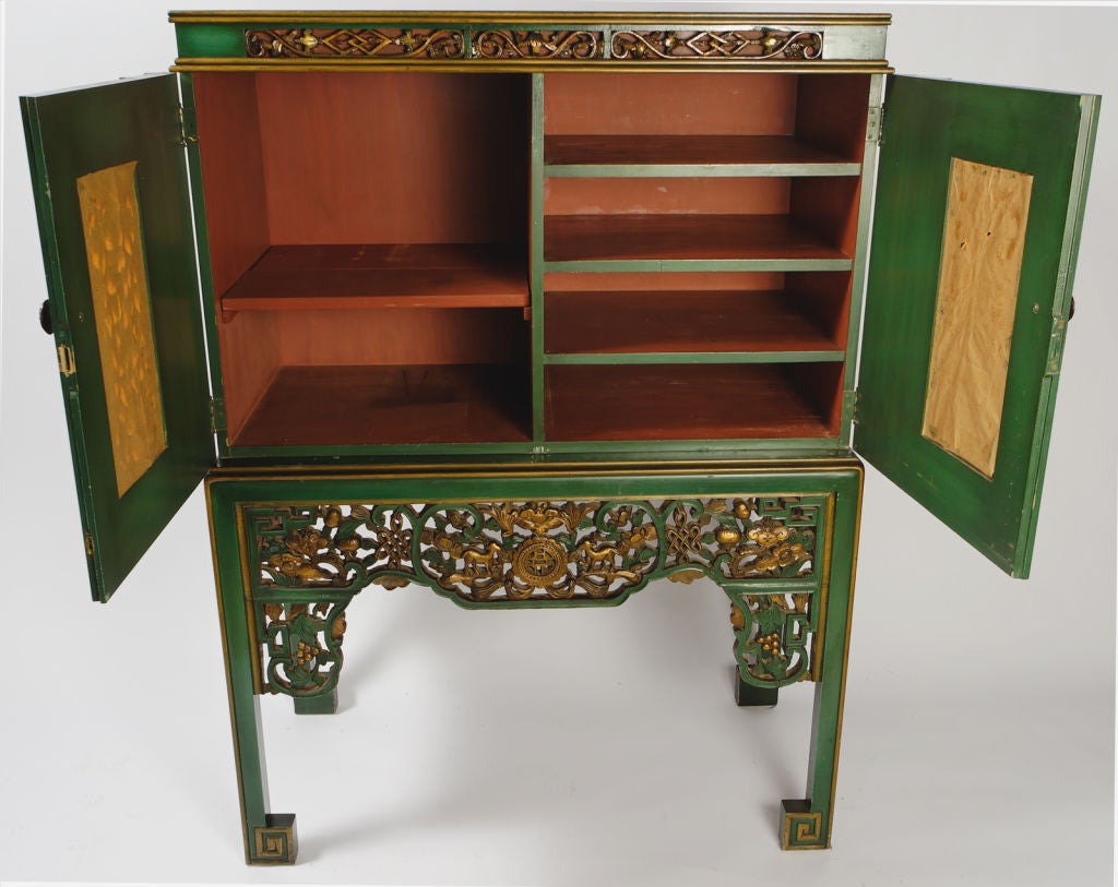 Painted Emerald Green Chinese Cabinet Inset With Gilt Antique Panels