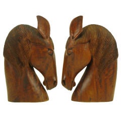 Pair Large Wooden Horse Head Sculptures