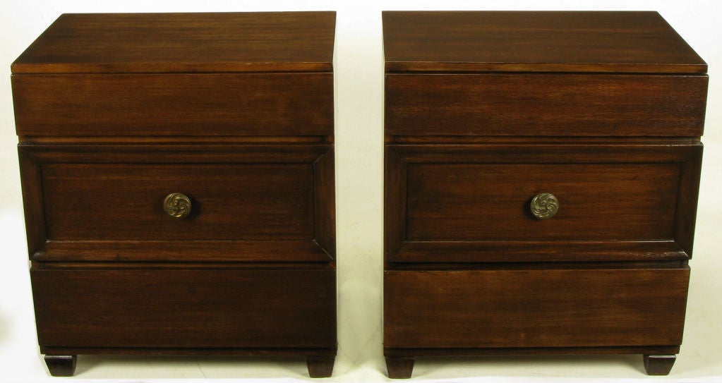 Pair Of Dark Mahogany Shaded Lacquer Three Drawer Commodes