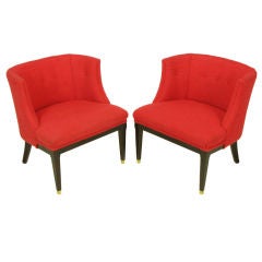 Pair Button Tufted Red Wool & Dark Walnut Pull Up Wing Chairs