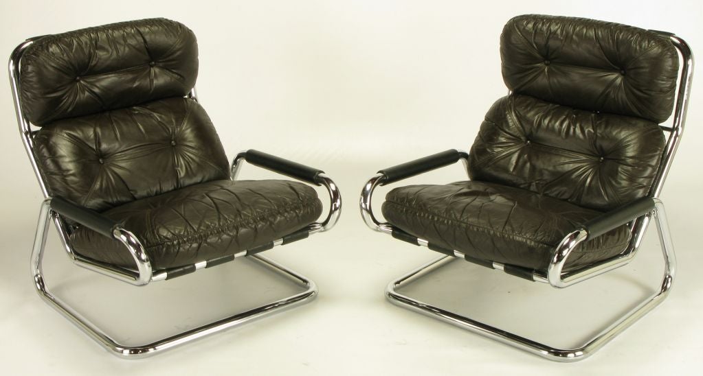American Pair Directional Chrome & Leather Lounge Chairs With Ottoman
