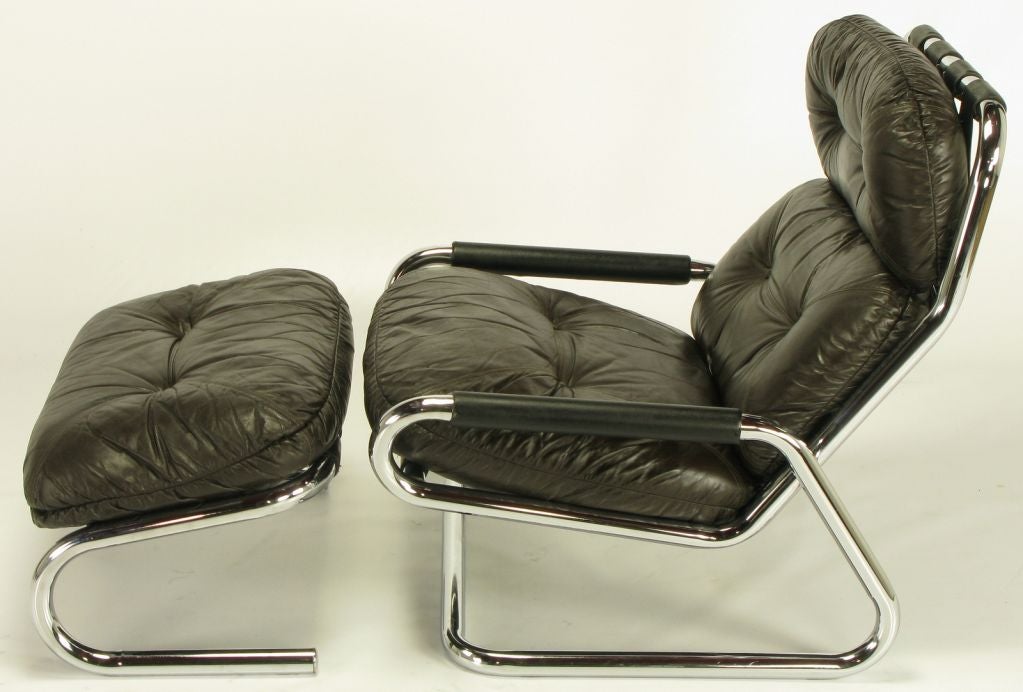 Mid-20th Century Pair Directional Chrome & Leather Lounge Chairs With Ottoman