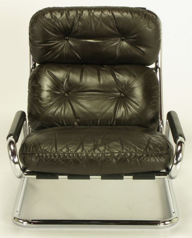 Pair Directional Chrome & Leather Lounge Chairs With Ottoman 1