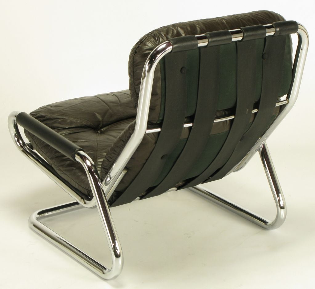 Pair Directional Chrome & Leather Lounge Chairs With Ottoman 2